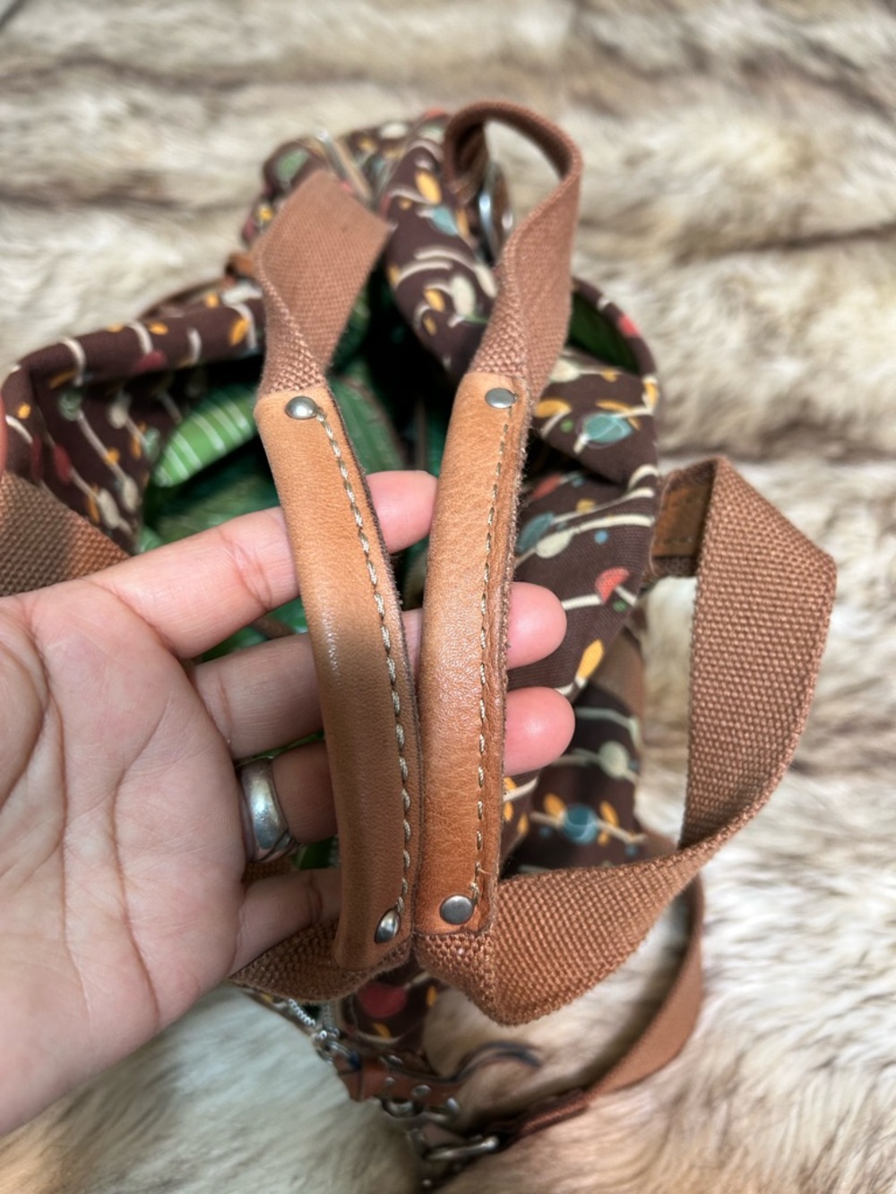 Fossil Brown Canvas Tote with Colorful Dot Stem Print and Green Lined Interior - Picture 9 of 9